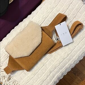 NWT IRO PARIS Horu Calfskin Suede Shearling Belt Bag in Camel/Cream